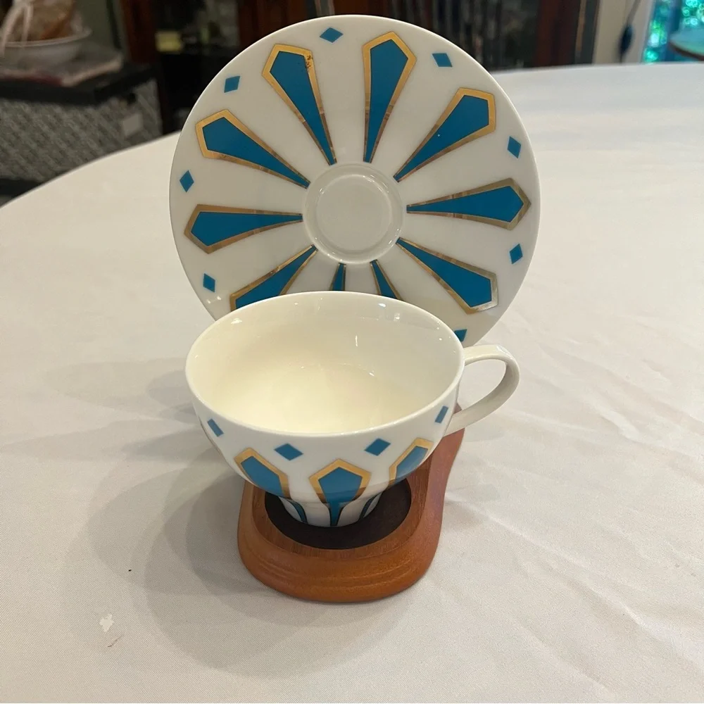 Meritage China Striped Aqua Blue and Gold Teacup and Saucer Set Tea Cup